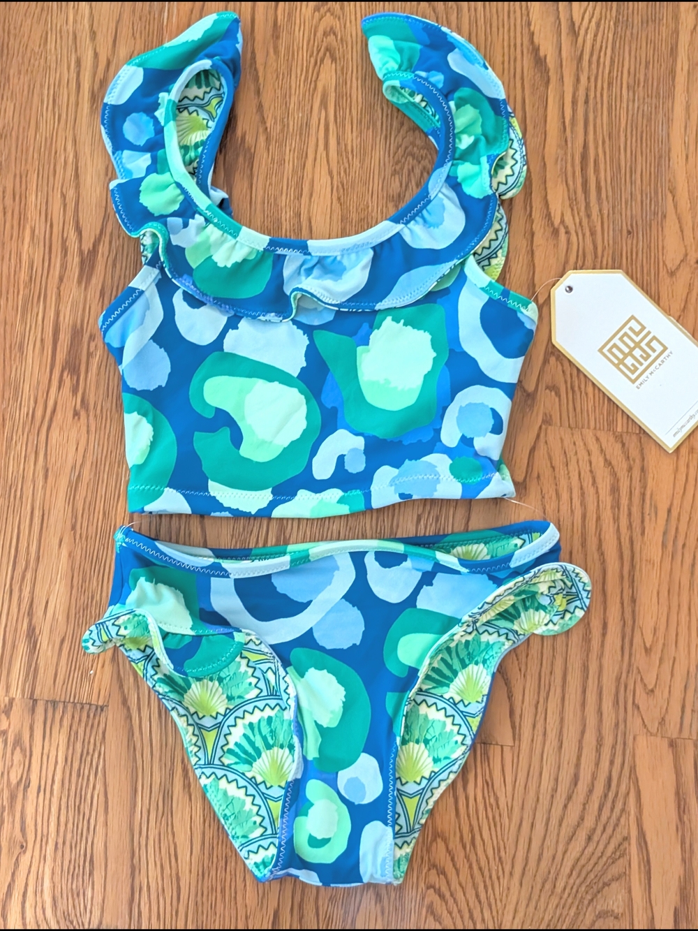 Emily McCarthy Blue Green Sea Glass Cheetah Print Girls 2 Piece Swimsuit Set